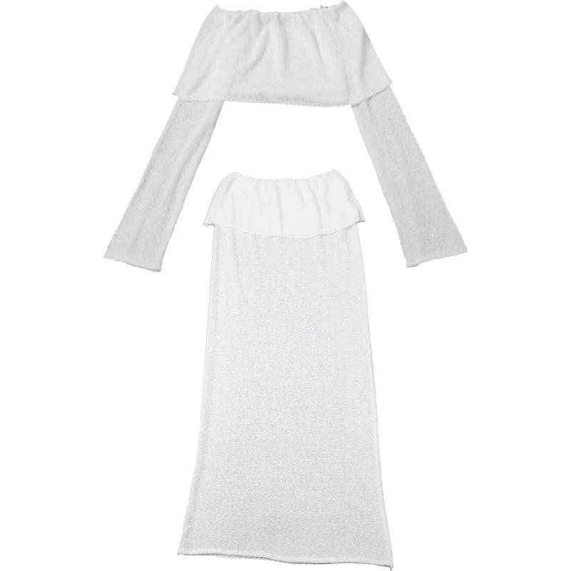 סט שני חלקים סרוג חצאית מקסי וחולצת כתפיים חשופות - עופרי