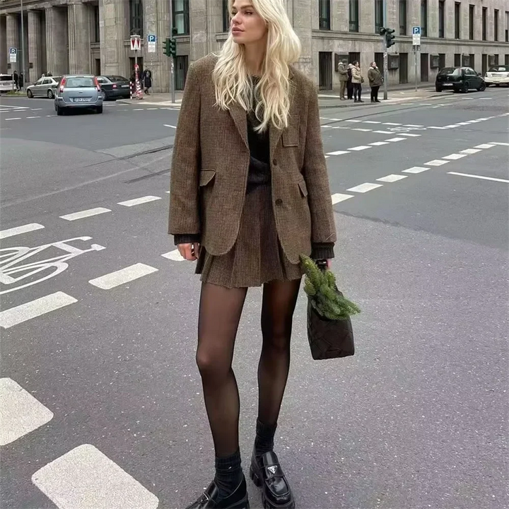 סט שני חלקים משובץ סטייל קולג' GIRL חצאית מיני ובלייזר - קוני