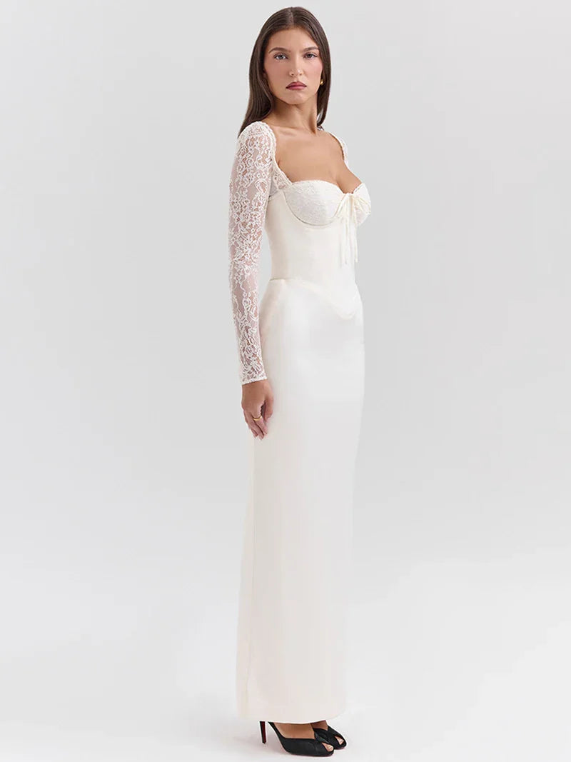 שמלת מקסי סאטן בעיצוב מחוך בעיטור תחרה - ג'ויה