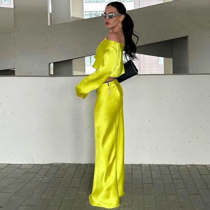 סט סאטן שני חלקים חולצה וחצאית מקסי - דניאלה