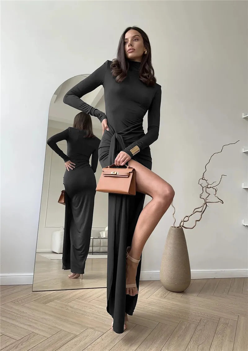 שמלת מקסי כיווצים בעיצוב שסע צווארון גולף - יאנה