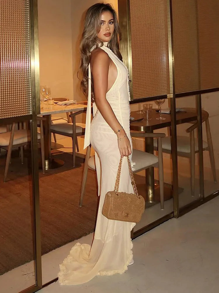 שמלת מקסי שיפון כיווצים מלמלה בעיצוב אסימטרי בעיטור צעיף תואם - מילקה