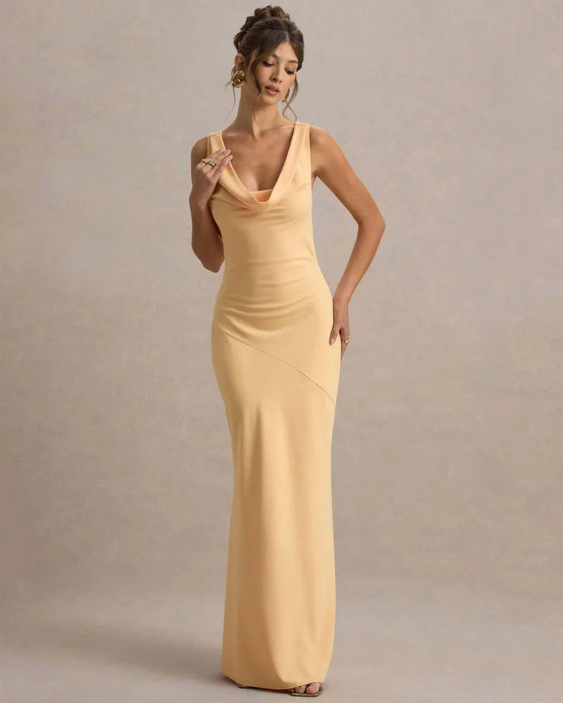 שמלת מקסי סאטן בעיצוב צווארון נופל וגב פתוח - אלקסיס
