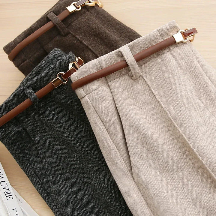 Tailored wool pants with elegant belt decoration