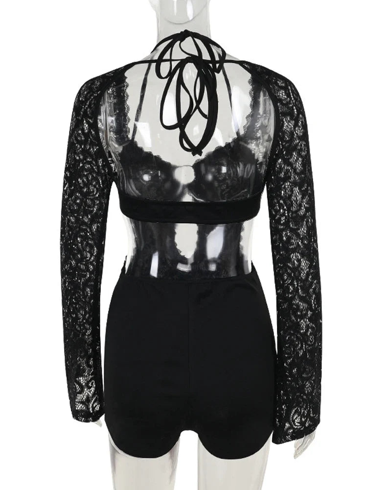 אוברול תחרה קצר שרוולים ארוכים בעיצוב חישוק וגב פתוח - Hunter