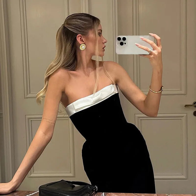 שמלת מידי סטרפלס אלגנטית בעיטור פפיון - MORA