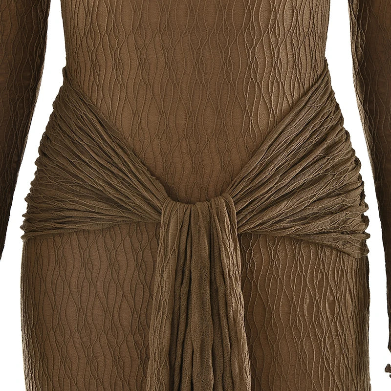 שמלת מקסי כיווצים בעיטור קשירה צווארון גולף - הלסי