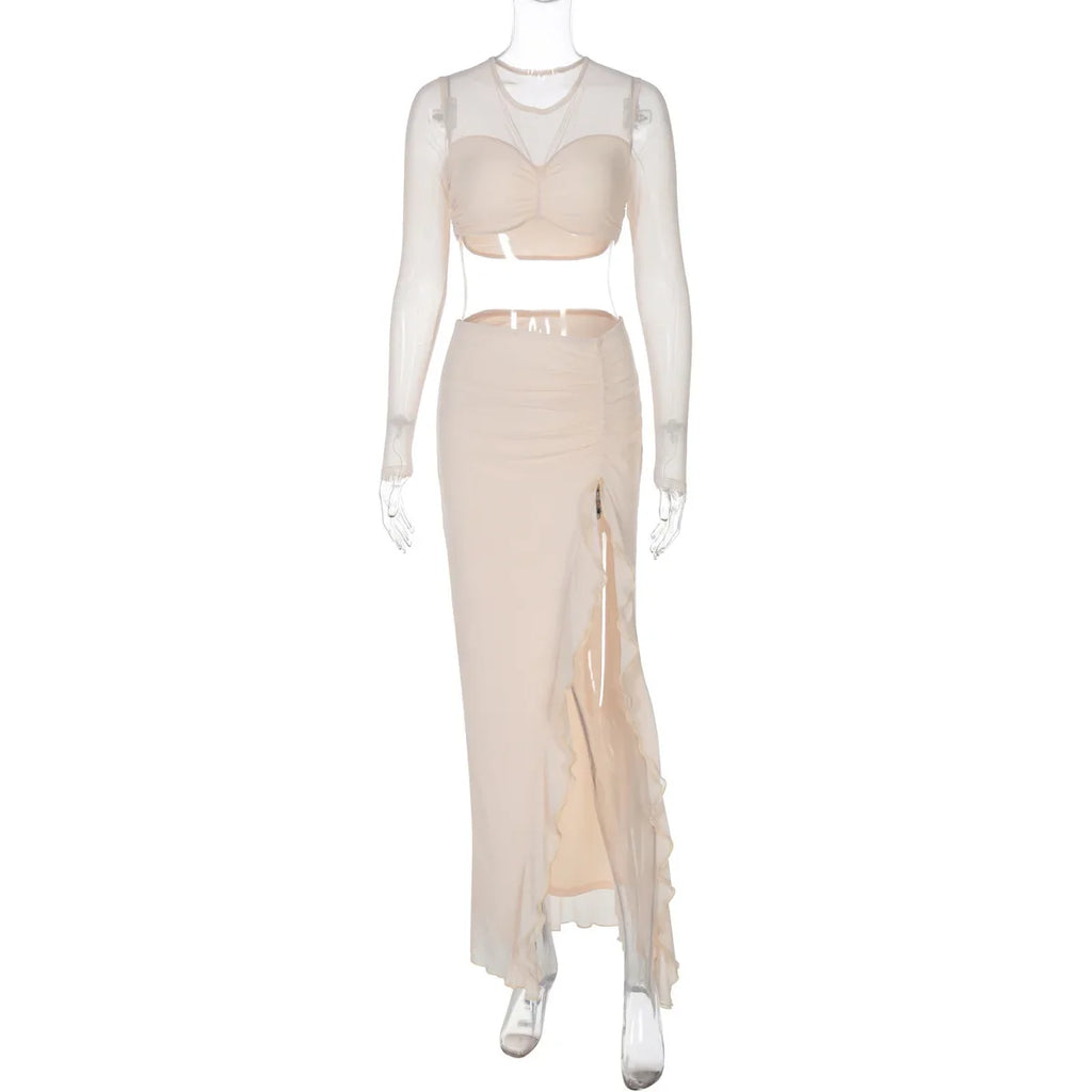 סט שני חלקים בעיצוב כיווצים טופ וחצאית מקסי מלמלה בעיטור שסע - Fernanda