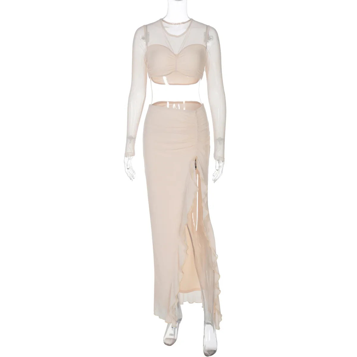 סט שני חלקים בעיצוב כיווצים טופ וחצאית מקסי מלמלה בעיטור שסע - Fernanda