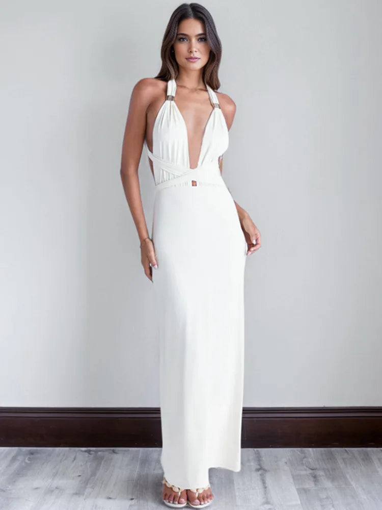 שמלת מקסי בוהו בעיצוב קשירות בעיטור אבזמי זהב - מיכאלה