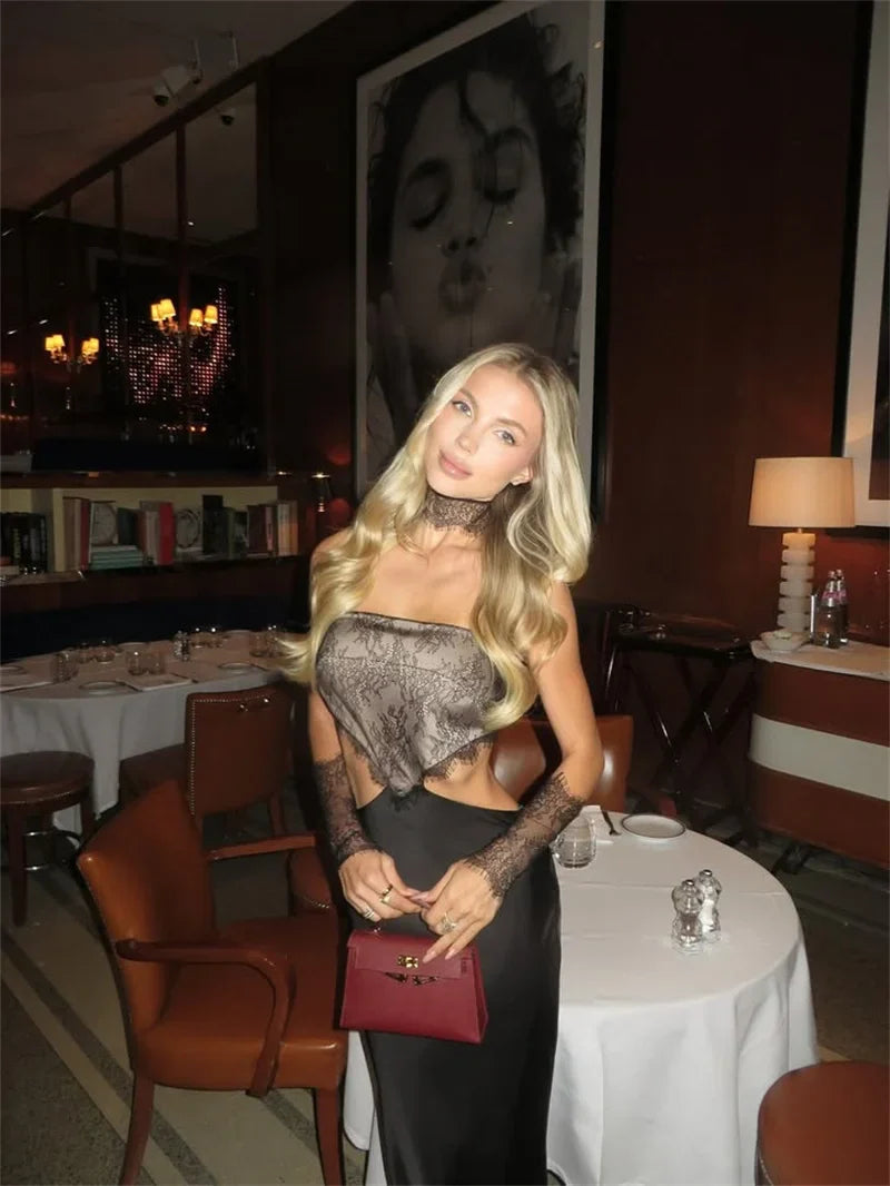 Strapless satin maxi dress in lace design with gloves and collar - GEE