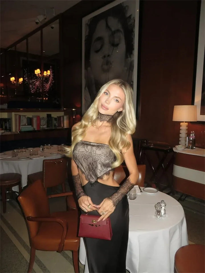 Strapless satin maxi dress in lace design with gloves and collar - GEE