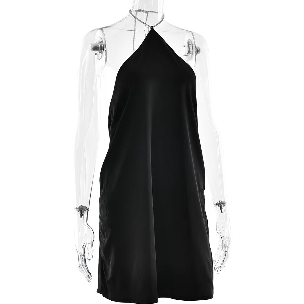 שמלת מיני סאטן בעיצוב חוטי זרקונים מנצנצים לקשירה בצוואר - קולין