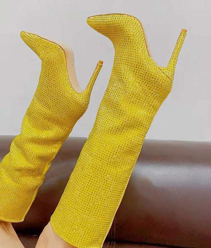 High-heeled pointed-toe boots with glittery rhinestones - Josie