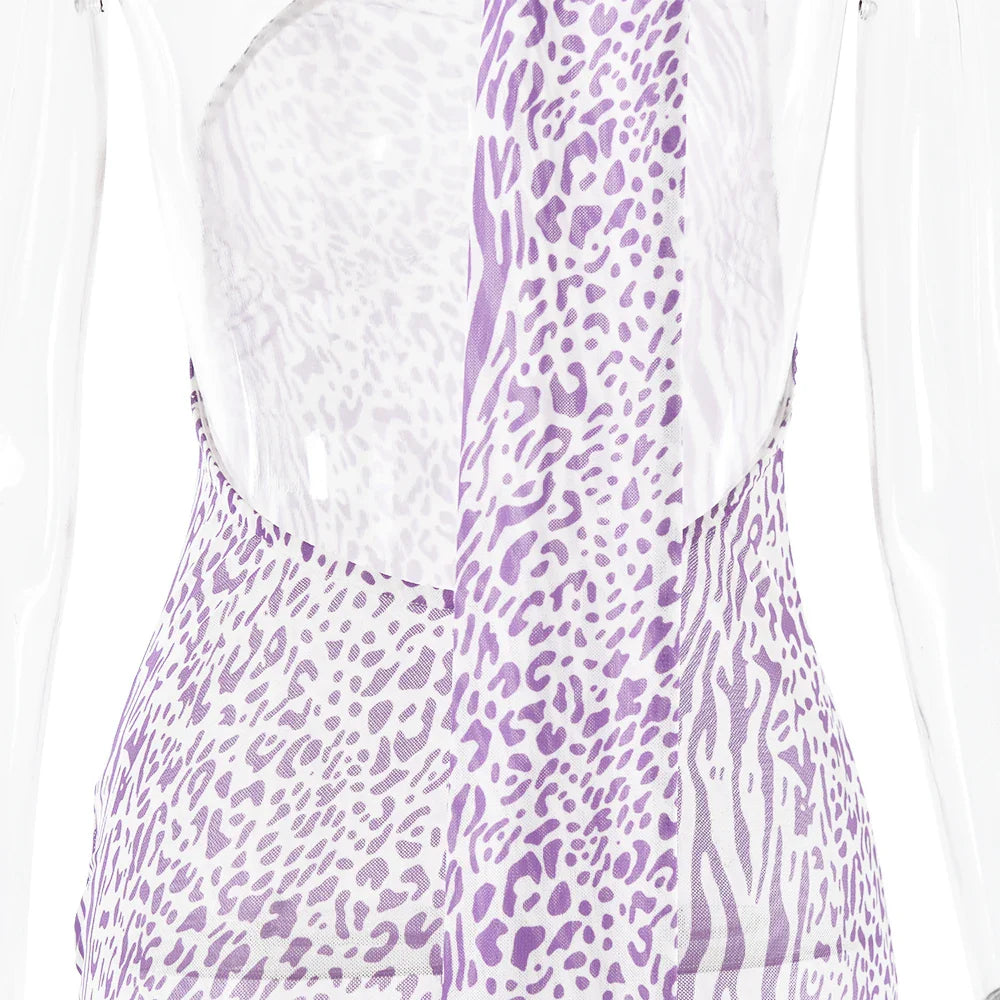 שמלת מקסי רשת מנומרת גב פתוח קשירה בצוואר - Jessica