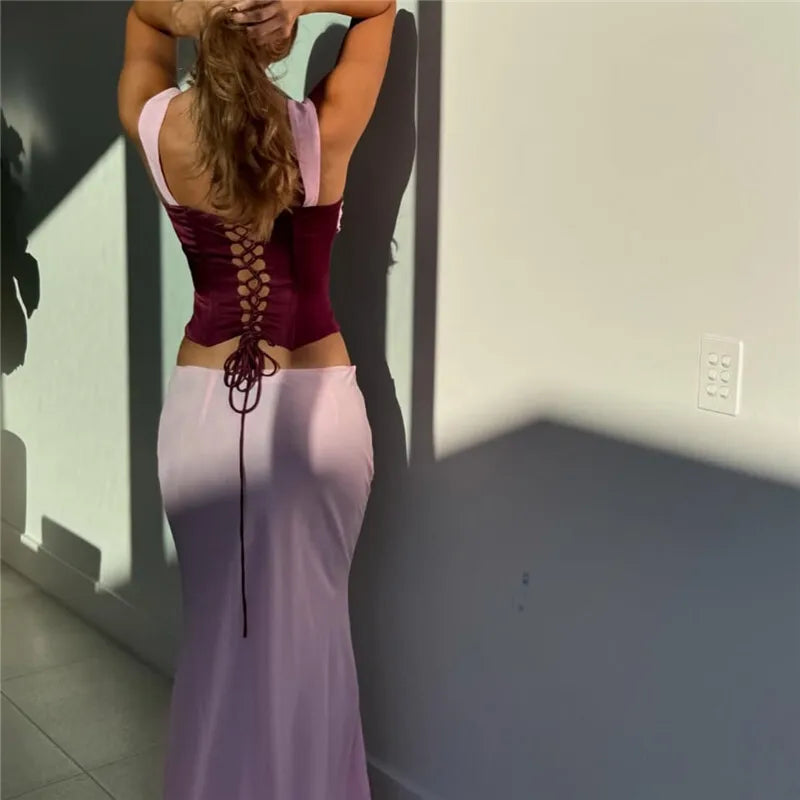 סט שני חלקים חולצה בעיצוב סאטן וחצאית מקסי בעיטור שיפון - מקסימה