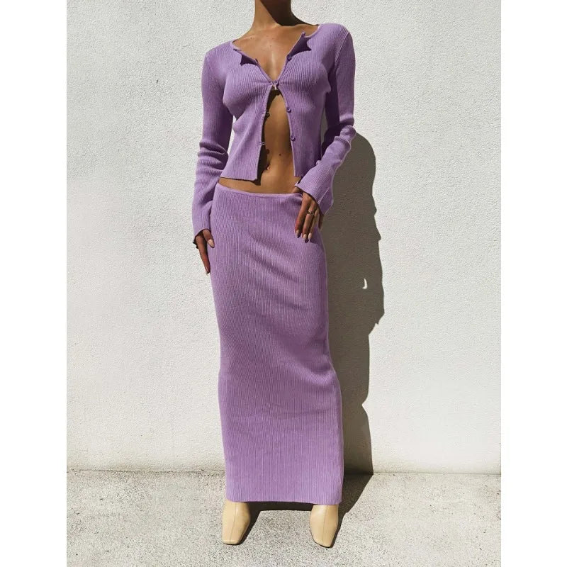 סט שני חלקים סרוג חצאית מקסי וחולצת כפתורים - כליל