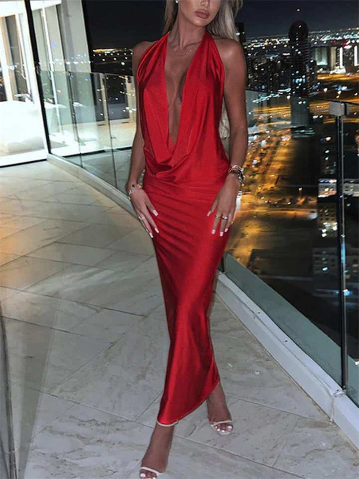 שמלת מקסי סאטן צווארון נופל גב פתוח - HOTIE