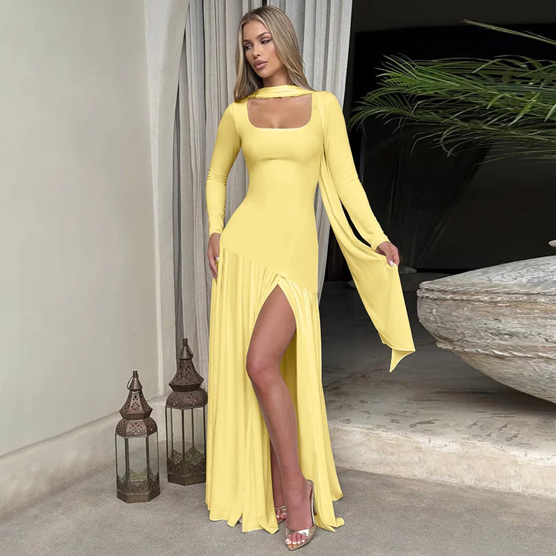 Elegant maxi dress with a slit design and a scarf decoration - RONA LI