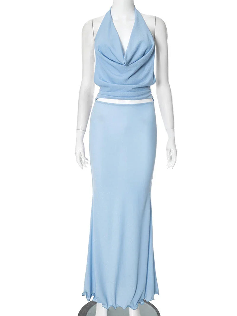 סט שני חלקים בעיצוב בד נשפך טופ צווארון נופל גב פתוח וחצאית מקסי - סקרלט