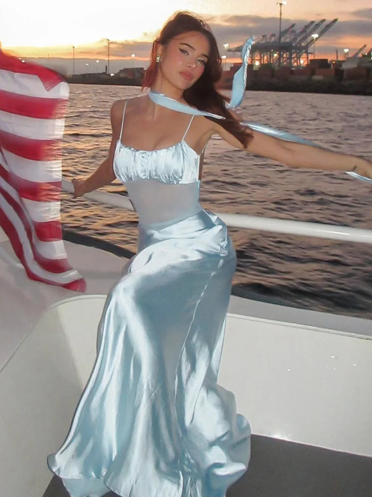 שמלת מקסי סאטן בעיטור רשת וצעיף תואם - סלסטה