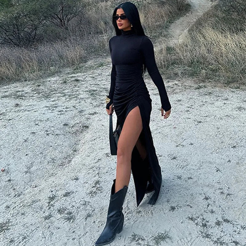 שמלת מקסי כיווצים צווארון גולף בעיצוב שסע עמוק - סאשה