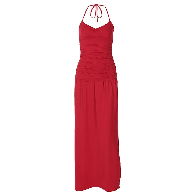 שמלת מקסי כיווצים בעיצוב שסע קשירה בצוואר - JOYA