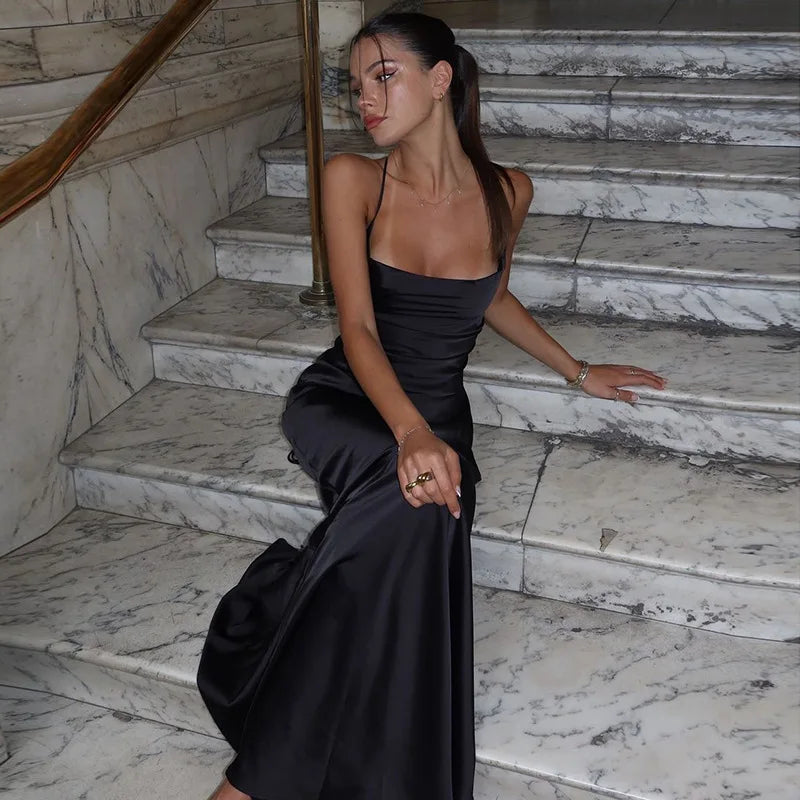 שמלת מקסי סאטן קשירה בגב פתוח - אורין