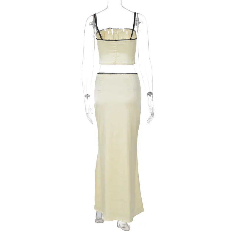 סט סאטן אלגנטי חצאית מקסי וטופ בעיטור פפיון ותחרה - ביאנקה