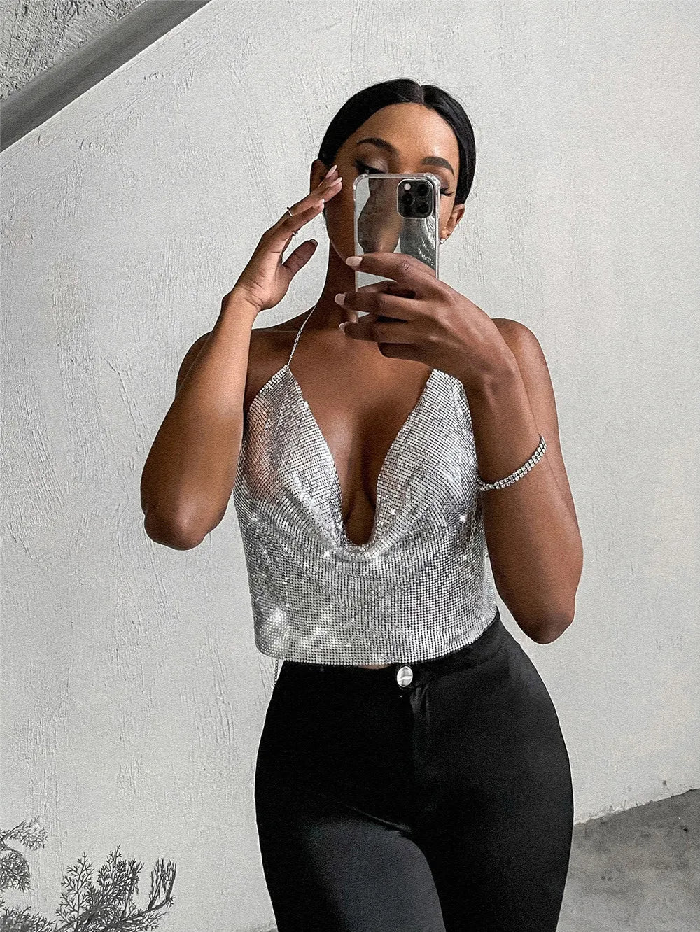 Sparkling Rhinestone Top with Dropped Collar - Harley