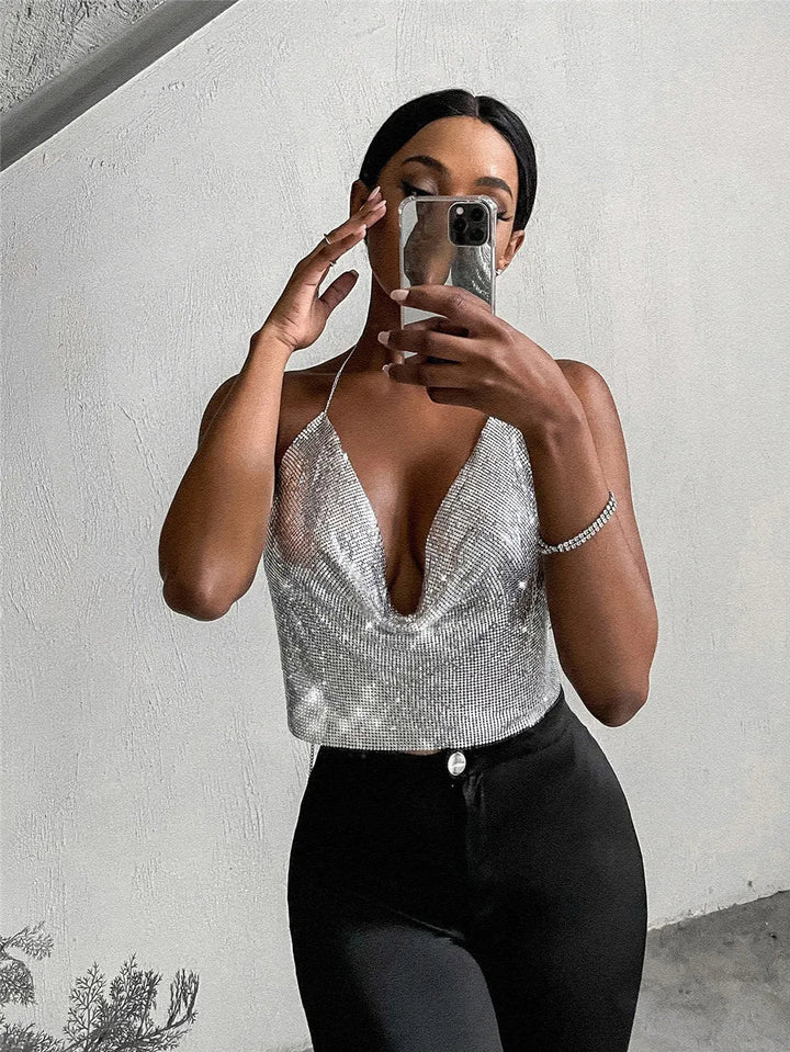 Sparkling Rhinestone Top with Dropped Collar - Harley