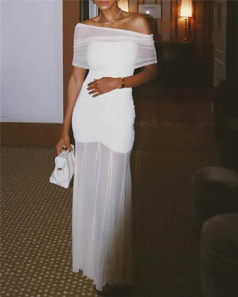 שמלת שיפון מקסי כיווצים בעיצוב כתפיים חשופות - Delilah