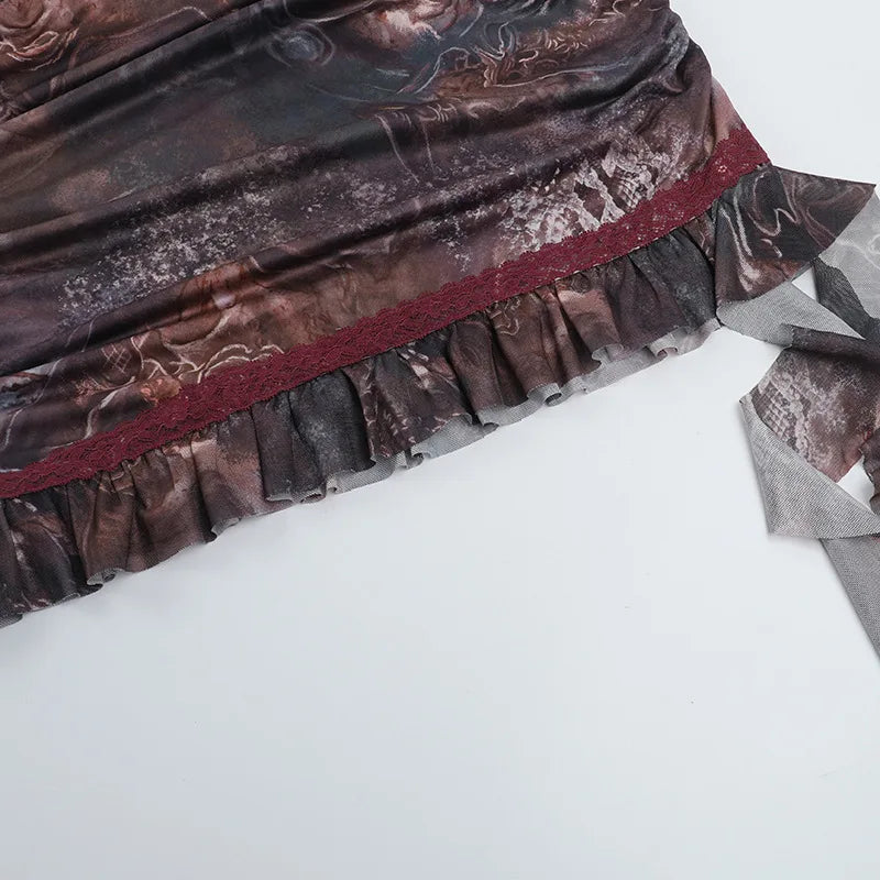 סט שני חלקים בעיצוב הדפס מיוחד טופ וחצאית מיני בעיטור שובל מלמלה - טוניק