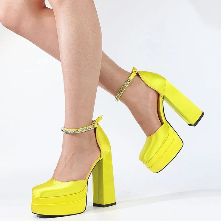 Platform doll shoes in silk satin fabric decorated with diamonds - Melis