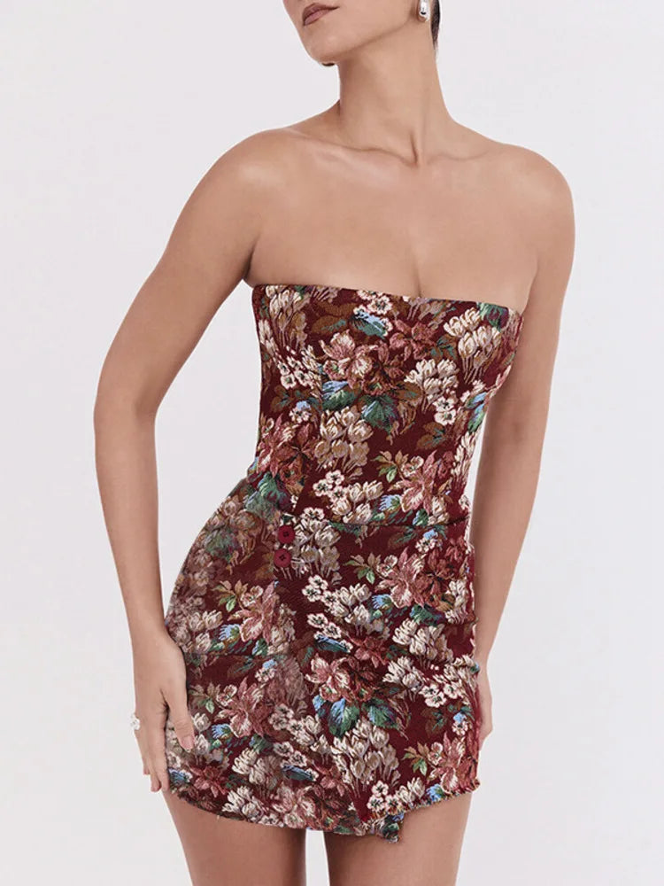 שמלת מיני סטרפלס בסגנון וינטג' בעיצוב רקמת פרחים - יולנדה