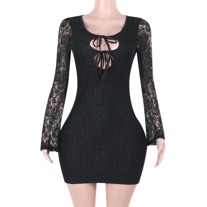 שמלת מיני תחרה בעיטור קשירות - לוריאל