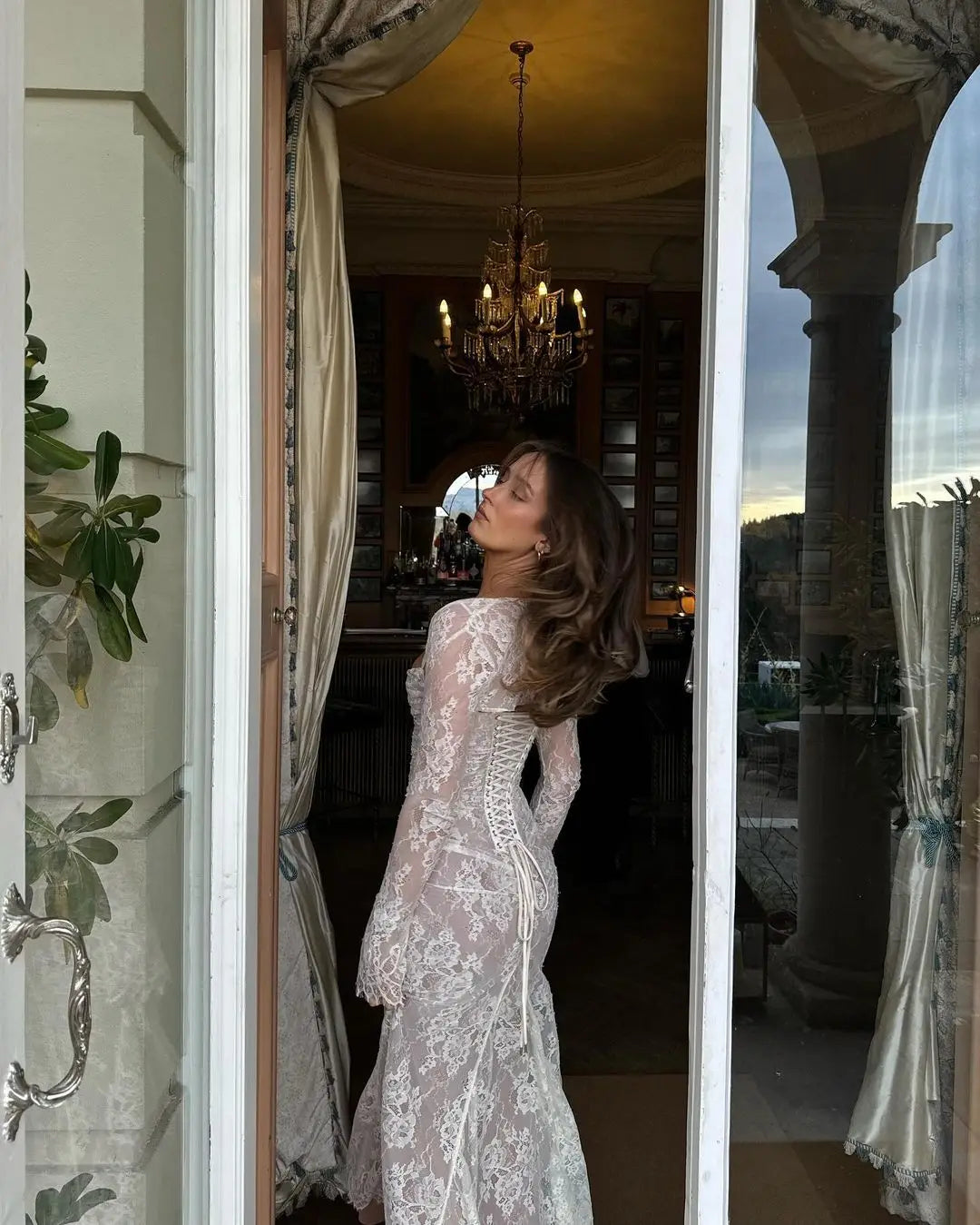 שמלת מקסי אלגנטית תחרה בשילוב עליונית שרוולי תחרה - איליה