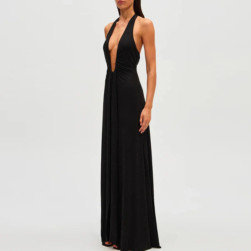 שמלת מקסי מחשוף עמוק גב פתוח - עלמה