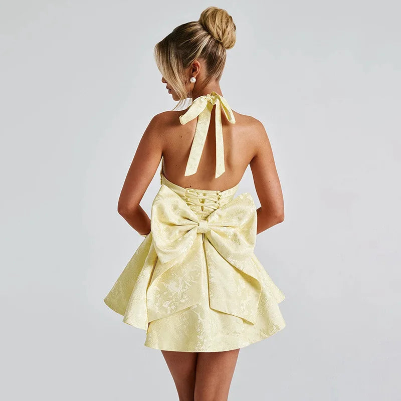 שמלת מיני רקמת איורי פרחים בגזרת A בעיטור פפיון בגב בעיצוב קשירה בגב להצמדה במותן וקשירה בצוואר - Pearl