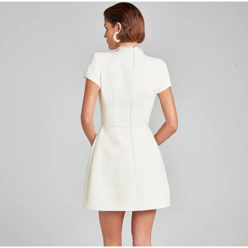 שמלת מיני אלגנטית שרוול קצר/ארוך סגנון מחויט בד ארוג בעיטור נצנצים ופנינים - Lucia