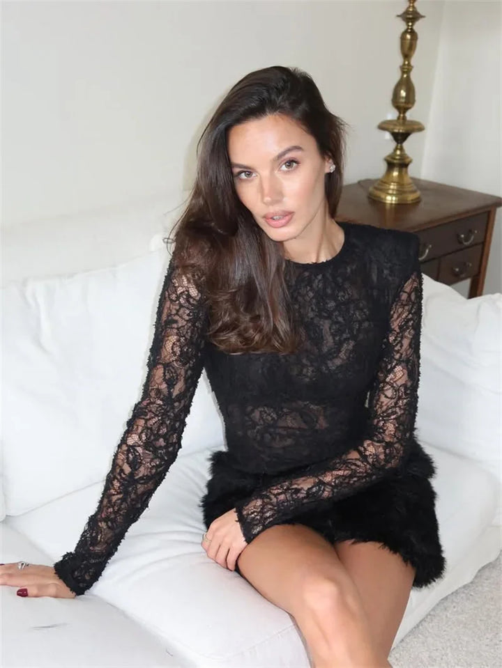Fur-trimmed lace mini dress - FRANCIS