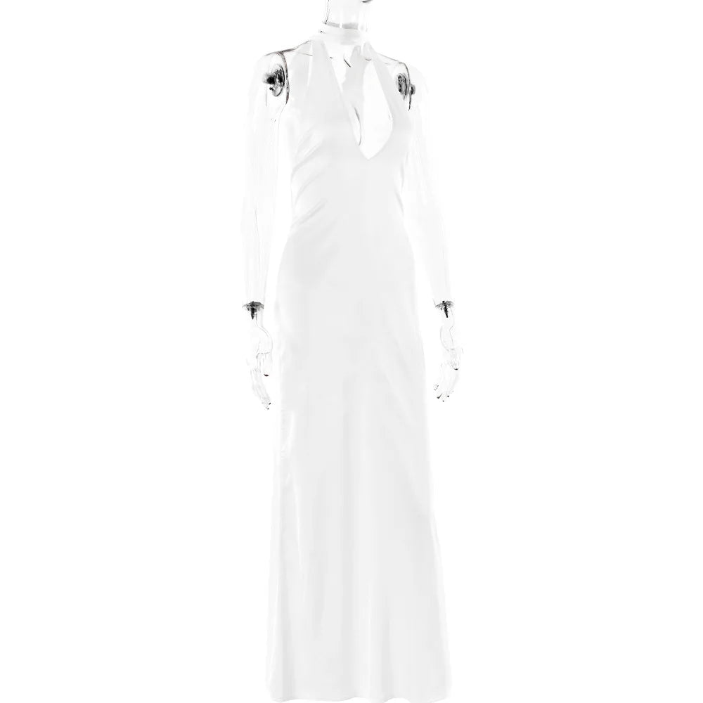 שמלת סאטן מחשוף עמוק קשירה בצוואר - פאולינה