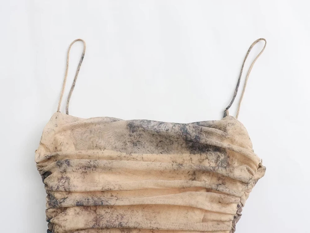 שמלת מקסי שיפון כיווצים כתפיות ספגטי בצבעי אומברה - אוליביה