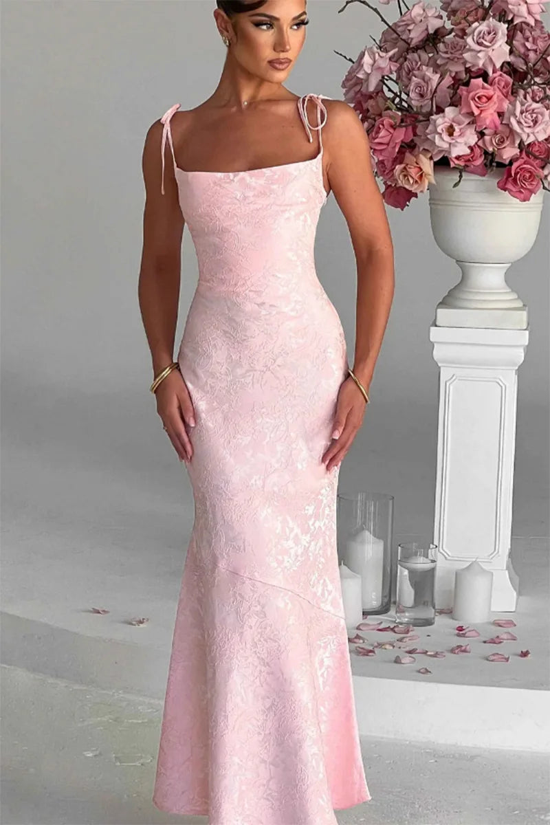 שמלת מקסי בעיצוב קשירה בכתפיות בעיטור רקמת איורי פרחים - לנואלה