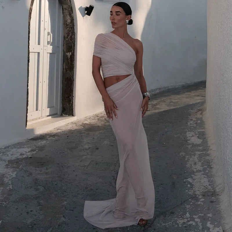 שמלת מקסי שיפון בעיצוב אסימטרי ופתח - שי לין