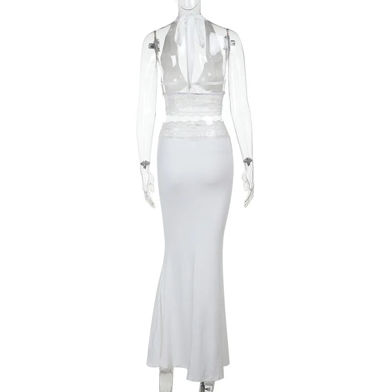 סט שני חלקים חצאית וטופ קשירה בעיטור תחרה - אנג'לין