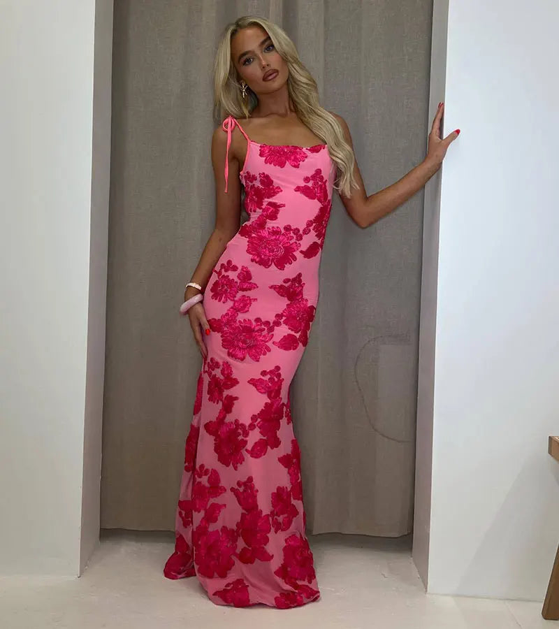 שמלת מקסי קשירה בכתפיות בעיטור רקמת פרחים - מיכל