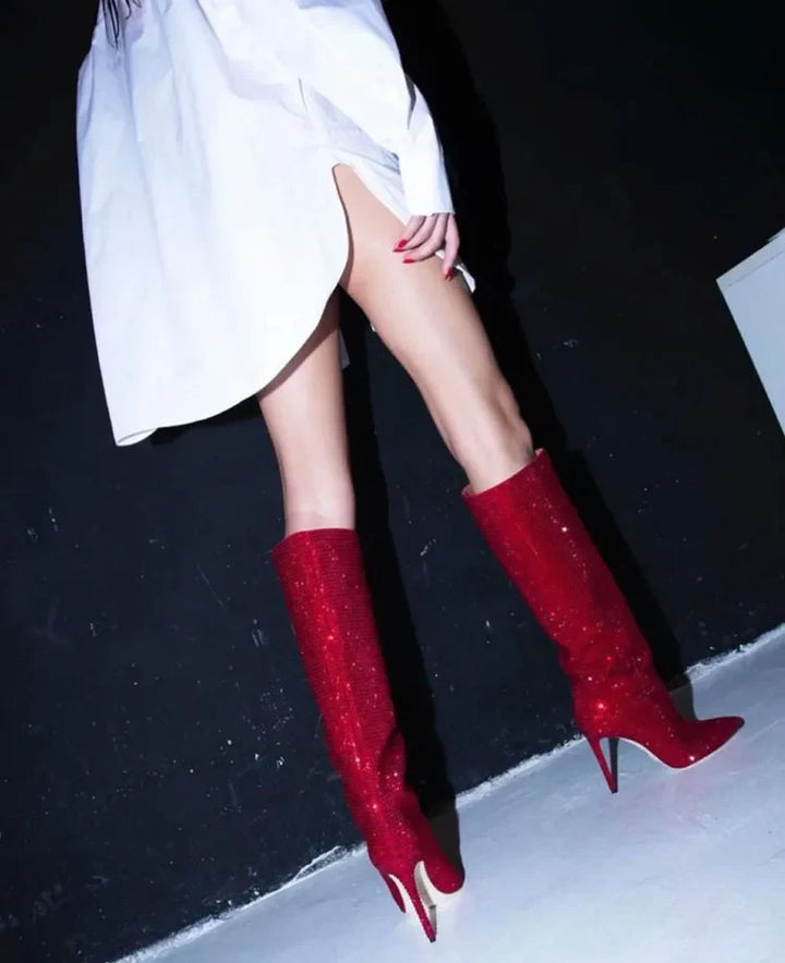 High-heeled pointed-toe boots with glittery rhinestones - Josie