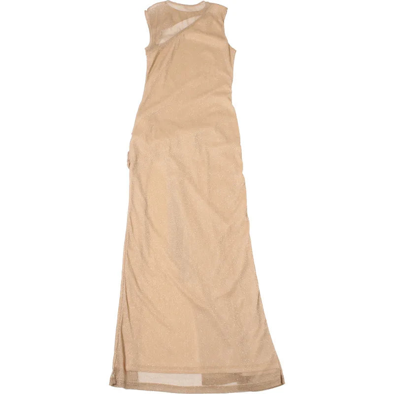 שמלת מקסי רשת נצנצים בעיצוב כיווצים וקשירה בעיטור שסע - August