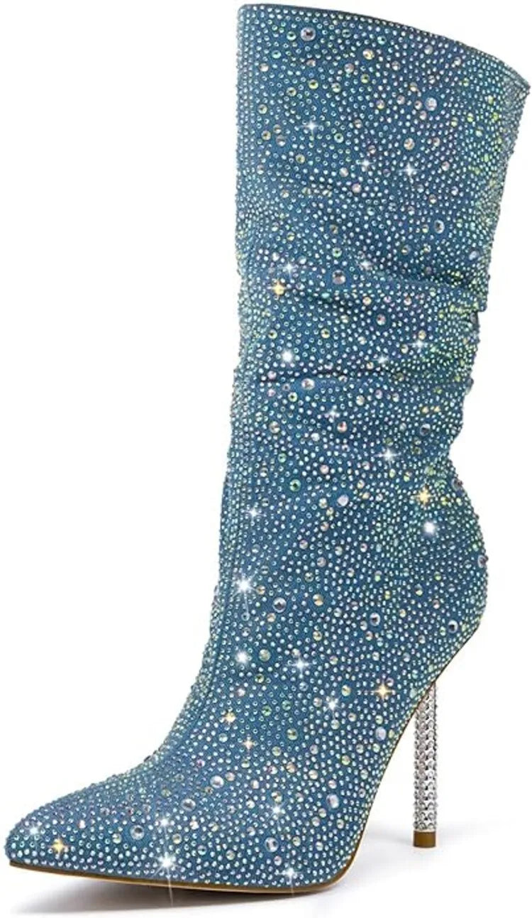 Denim pointed-toe boots with glittering rhinestones - Isabelle